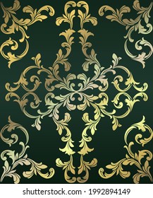 Vintage gold pattern on a green background.