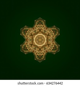 Vintage Gold Pattern. Gold Over green. Christmas Card Mandala Design. Islam, Arabic, Indian, Turkish, Pakistan. Invitation Card, Scrapbooking. Decorative Indian Round Mandala on green background.