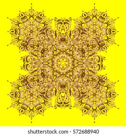 Vintage Gold Pattern. Gold Over yellow. Decorative Indian Round Mandala on yellow background. Christmas Card Mandala Design. Invitation Card, Scrapbooking. Islam, Arabic, Indian, Turkish, Pakistan.