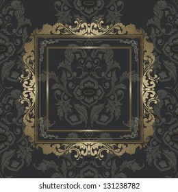 Vintage Gold Picture Frame On Damask Seamless Wallpaper