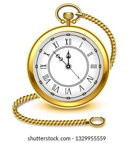 Vintage gold pocket watch and chain, isolated on white background, vector illustration.