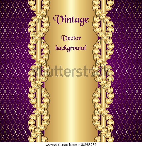 Vintage gold and purple background with\
laurel leaves. Vector\
illustration.