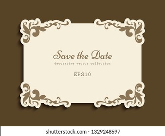 Vintage gold rectangle frame with floral corner pattern, vector wedding invitation or save the date card template with place for text