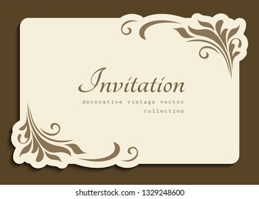 Vintage gold rectangle frame with floral corner decoration and cutout paper border, vector wedding invitation or name card template