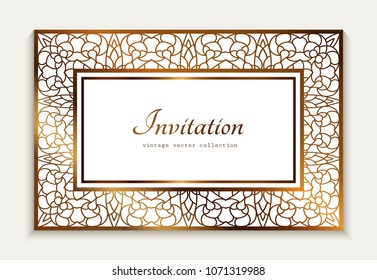 Vintage gold rectangle frame with ornamental lace border, ornamental template for laser cutting, vector decoration for wedding invitation or visiting card design, eps10