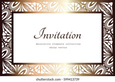 Vintage gold rectangle frame with ornamental border, vector invitation or decorative card design