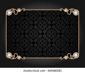 Vintage gold rectangle frame, stylish ornamental card with diamond jewelry decoration, eps10 vector illustration