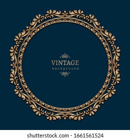 Vintage gold round frame with border scroll pattern. Ornate golden label on dark blue background. Circle picture frame in baroque style. Place for text. Vector illustration.