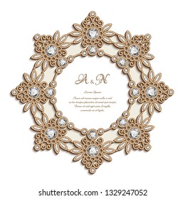 Vintage gold round frame with jewellery border ornament, elegant circle doily with gold embroidery pattern on white, vector jewelry decoration for wedding invitation card with place for text