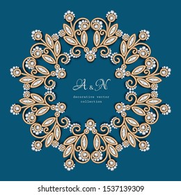 Vintage gold round frame with jewellery border ornament on blue background, elegant vector jewelry decoration for wedding invitation card with place for text