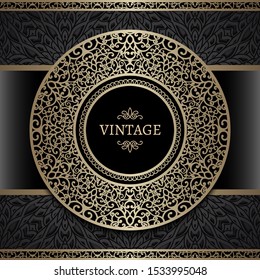 Vintage gold round frame with ornamental border pattern on black background, vector curly decoration for wine label or perfume packaging design