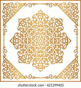 Vintage gold round ornament in square frame, vector decoration in oriental style on white