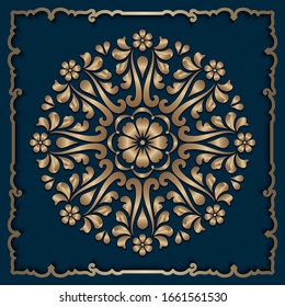 Vintage gold round pattern with floral scrolls. Elegant vector mandala on dark blue background. Golden circle ornament in baroque style