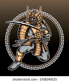 Vintage gold samurai warrior illustration. Premium vector
