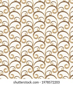 Vintage gold scroll pattern with floral swirls in rococo style. Vector seamless golden texture on white background. 