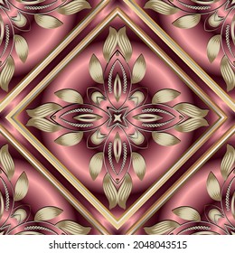 Vintage gold seamless pattern. 3d ornamental background. Repeat beautiful vector backdrop. Golden flowers, leaves, stripes, lines, circles. Silk surface endless texture. Geometric design with rhombus.