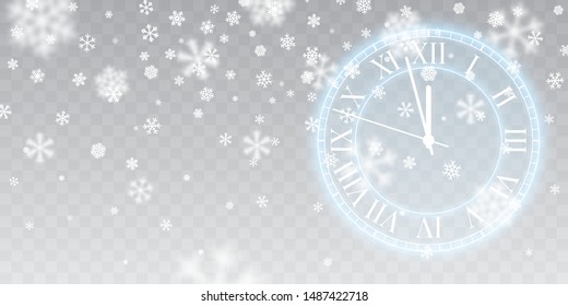 Vintage gold shining round clock. Christmas snow. Falling snowflakes on blue background. Snowfall. Vector illustration.