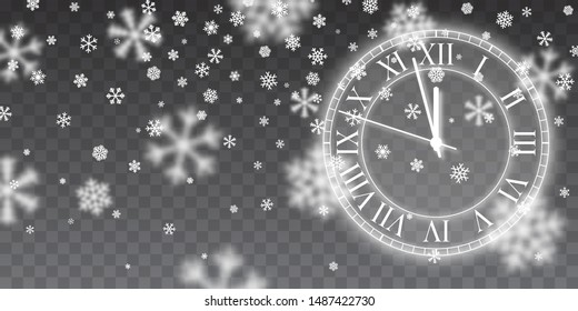 Vintage gold shining round clock. Christmas snow. Falling snowflakes on blue background. Snowfall. Vector illustration.