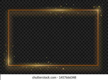 Vintage gold shiny glowing frame. Modern luxury realistic rectangle border with shadows isolated on dark transparent background, vector banner