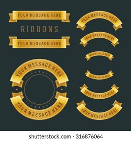 Vintage gold shiny ribbons retro style set and place for text. Vector design elements.