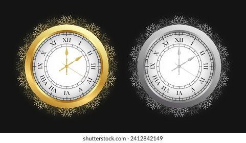 Juego de caras de reloj de oro y plata vintage, reloj de números romanos elegantes aislado en fondo negro. Reloj clásico realista con dial blanco. Reloj vintage de moda con copos de nieve. Ilustración del vector