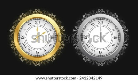 Vintage gold and silver clock face set, elegant roman numerals clock isolated on black background. Realistic classical watch with white dial. Fashion vintage clock with snowflakes. Vector illustration