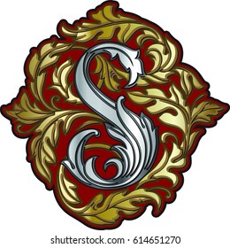 Vintage gold and silver Letter S heraldic monogram in coats of arms form surrounded with floral elements of design.