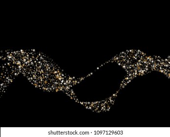 Vintage gold star dust sparkle vector background. Glitter confetti, shining sparkles pattern design on dark. Glowing gold stars vector, tinsel lights background. Flyer backdrop.