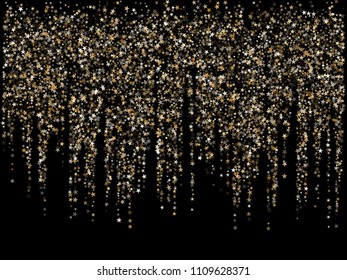 Vintage gold star dust sparkle vector garland background. Glitter stardust confetti, shining sparkles pattern design on dark. Shining gold stars garlands vector, tinsel lights background.