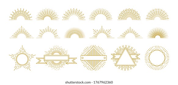 Vintage gold sunburst. Circle lines decorations, sunrise graphic elements. Hipster sunburst icons. Isolated retro badges with radiant star rays vector set