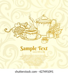 vintage gold tea vector. tea banner. beautiful hand drawn tea illustration