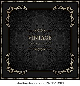 Vintage gold vector background, antique square frame with swirly corners on black