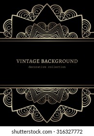 Vintage gold vector background, divider, header, gold lacy frame, border lace ornament on black