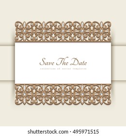 Vintage gold vector frame with diamond jewelry border decoration, wedding invitation or save the date card template, eps10