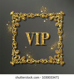 Vintage gold vector frame. Retro glitter golden border with drop shadow and sprinkled glitter particles
