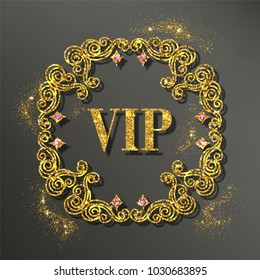 Vintage gold vector frame. Retro glitter golden border with drop shadow and sprinkled glitter particles