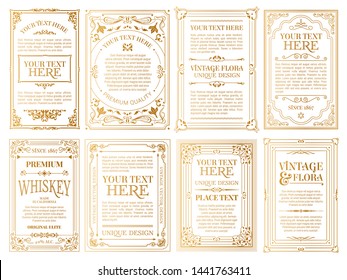 Vintage gold vector set retro cards. Template greeting card wedding invitation. Line calligraphic frames. Floral royal engraving design labels advertising place for text. Flourishes frame background