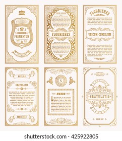 Vintage Gold Vector Set Retro Cards. Template Greeting Card Wedding Invitation. Line Calligraphic Frames. Floral Royal Engraving Design Labels Advertising Place For Text. Flourishes Frame Background