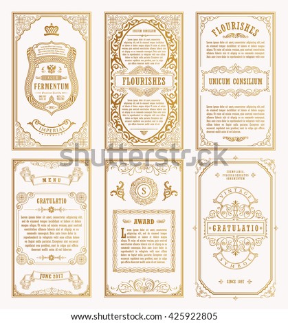 Vintage gold vector set retro cards. Template greeting card wedding invitation. Line calligraphic frames. Floral royal engraving design labels advertising place for text. Flourishes frame background