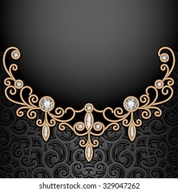 Vintage gold vignette on dark background, vector jewelry decoration, filigree diamond jewellery necklace, eps10