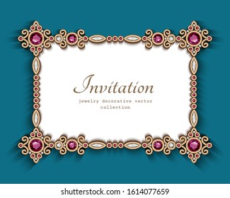 Vintage gold wedding card with jewelry border, decorated with diamonds and ruby gemstones, jewellery invitation or visit card template with place for text, vector rectangle frame in ethnic style