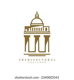 Vintage golden ancient museum pillar logo design. Historical Greek building logo vector