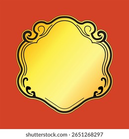 Vintage golden badge with elegant black swirls on red background, ideal for label, sticker, or emblem design.