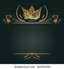 Vintage golden banner or greeting card with royal crown, laurel wreath and floral elements on black background. Vector frame for graphic design, label, badge. Empty space for text.