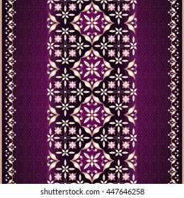 Vintage golden border in Eastern style on dark violet background.  Vintage ornate card in Eastern style. Ornate element for design. Ornamental lace pattern. Traditional floral golden decor.