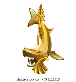 Vintage golden brooch in the form of toothy shark isolated on white background. Vector cartoon close-up illustration.