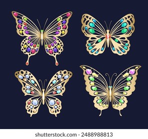 Vintage golden butterfly set. Flying insect with gems isolated on black vector illustration