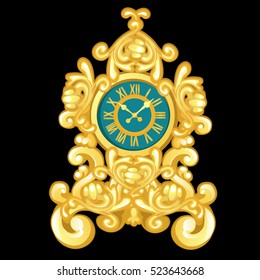 Vintage golden cartoon table clock isolated on the black background. Vector illustration.
