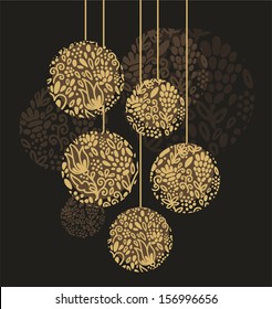 Vintage golden Christmas decoration, golden floral baubles on dark background