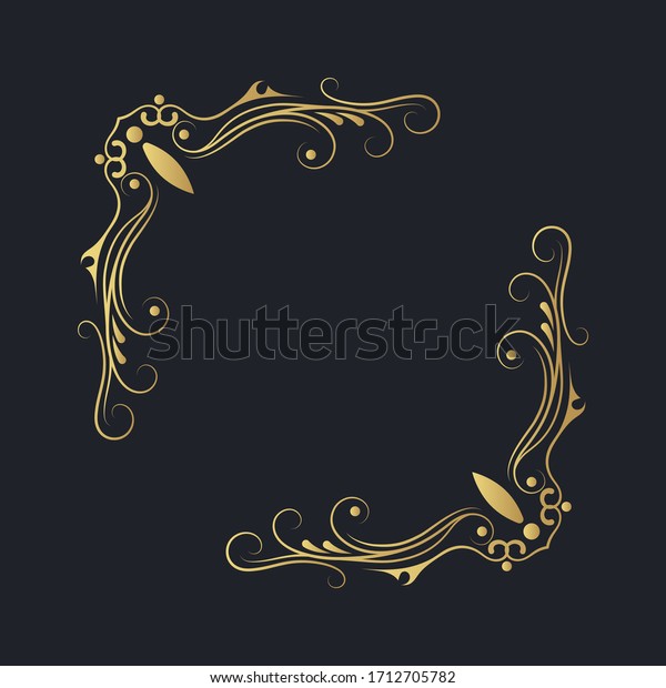 Vintage golden corner frame. Hand\
drawn swirl page decor. Royal wedding invitation card template.\
Ornate filigree gold border. Vector isolated\
illustration.